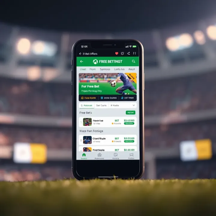 Illustration of a mobile phone displaying a sports betting app with highlighted free bet offer