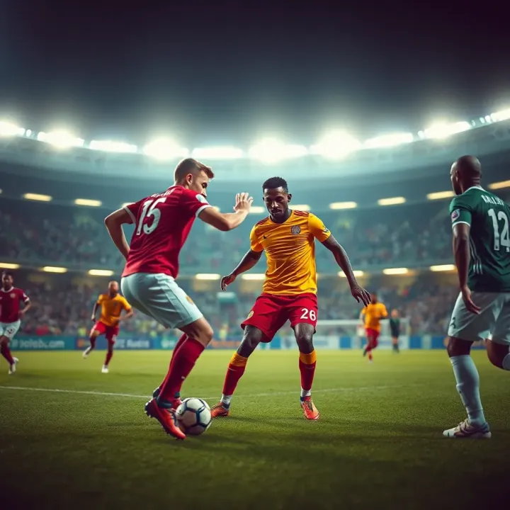 Football players contesting a crucial match under bright stadium lights
