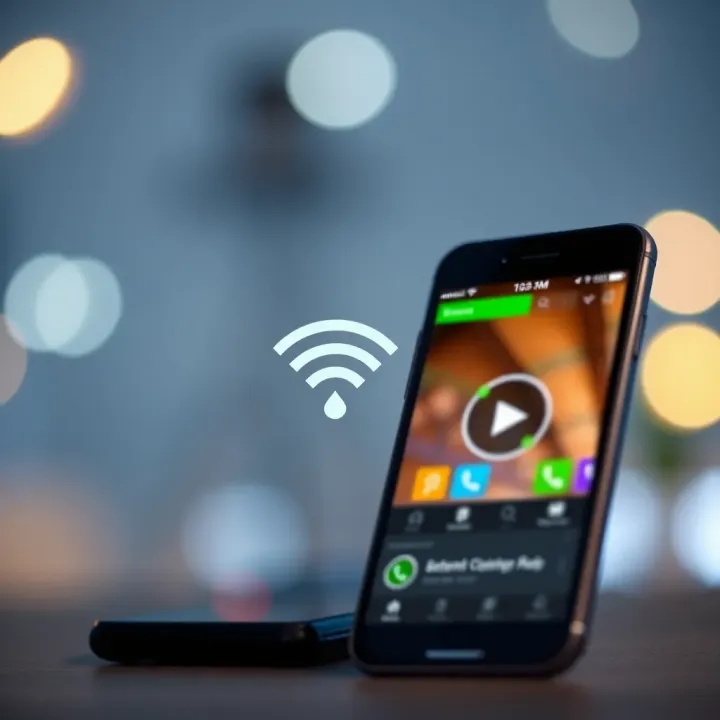 Wireless network icon with connectivity signals and a smartphone showing smooth app operation