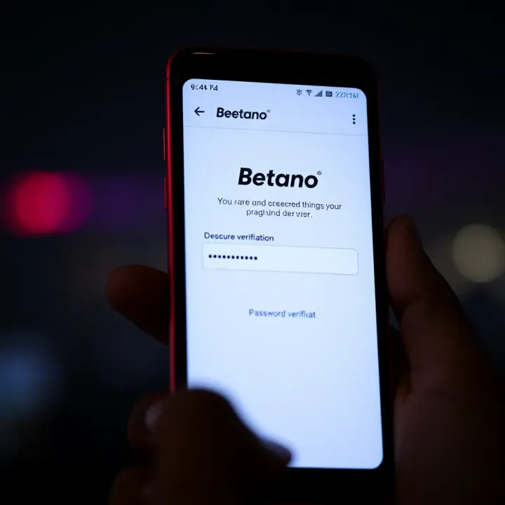 Mobile screen showing secure login interface of Betano app with password and verification options