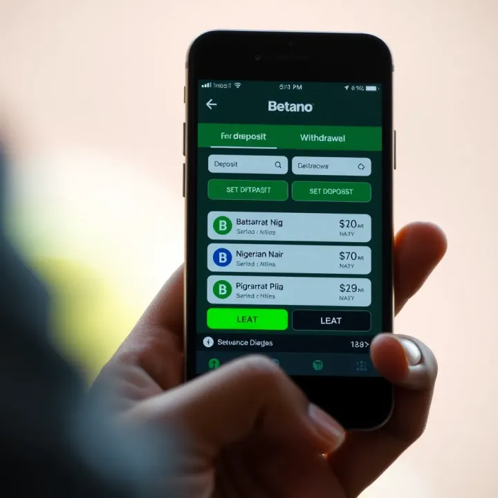 Smartphone screen showing Betano Bet NG deposit and withdrawal options with Nigerian Naira currency