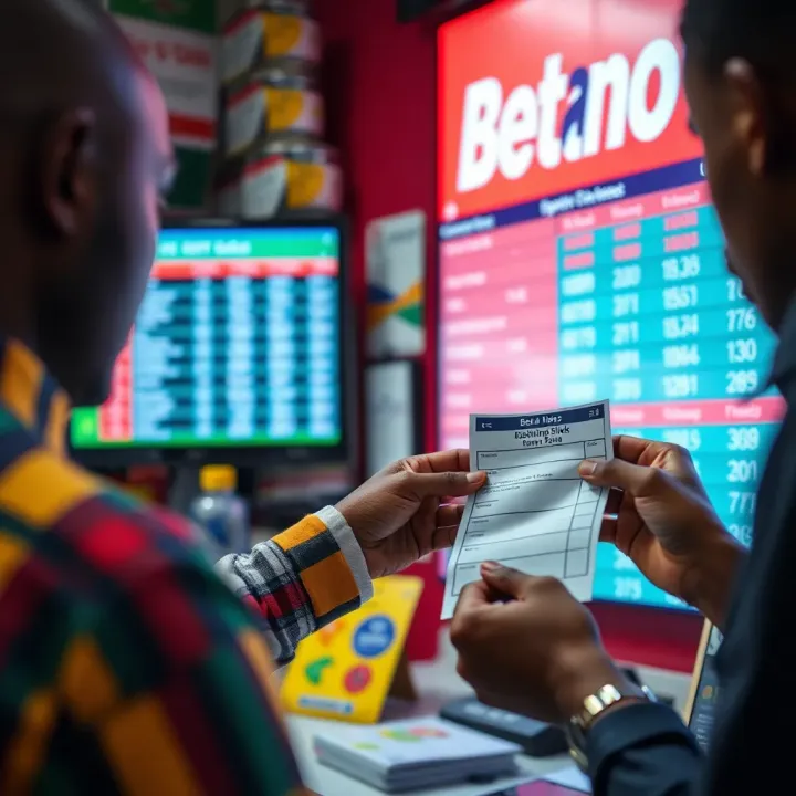 A close-up of a bettor receiving a printed betting slip from a Betano booking shop clerk with sports betting odds visible on the screen