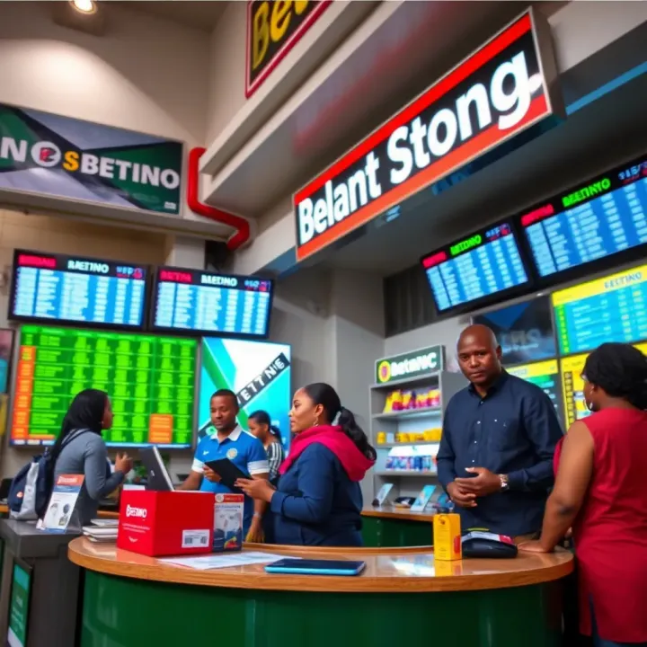 A local Betano booking shop in Nigeria showing customers placing bets at a counter with digital screens displaying betting odds