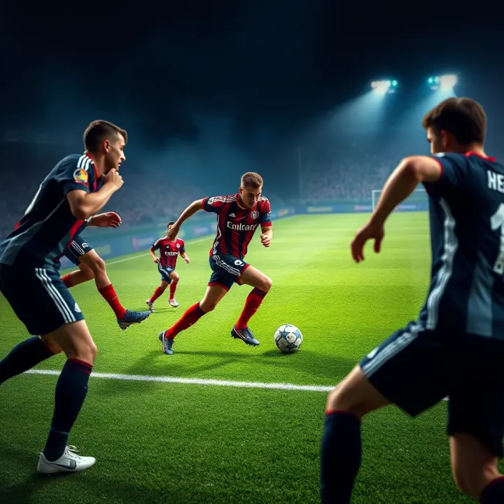 Dynamic football players competing intensely on a lush green pitch during a high-stakes tournament