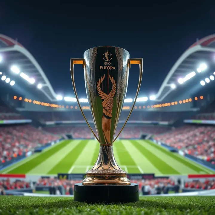 UEFA Europa Conference League trophy with a vibrant stadium background under bright lights
