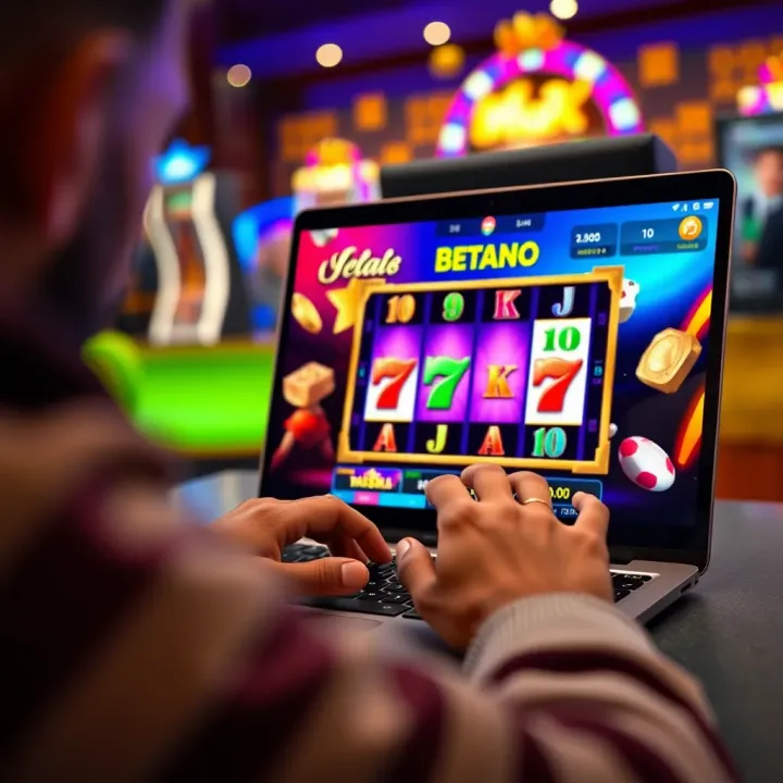 User engaging with an online slot game on a laptop featuring vibrant game graphics