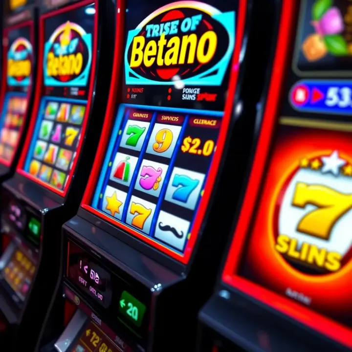Colorful virtual slot machine interface with various symbols and reels spinning