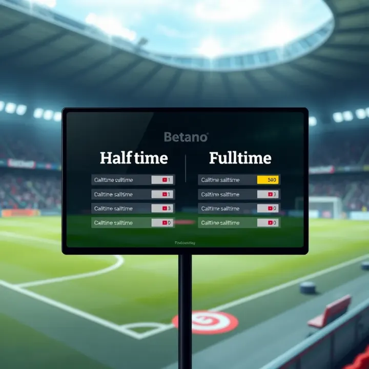 Illustration showing a football stadium with highlighted halftime and fulltime betting options on a digital screen