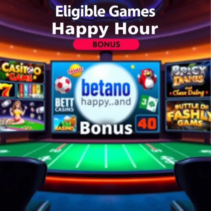 Graphic displaying various casino and sports betting icons representing eligible games for the Betano Happy Hour Bonus
