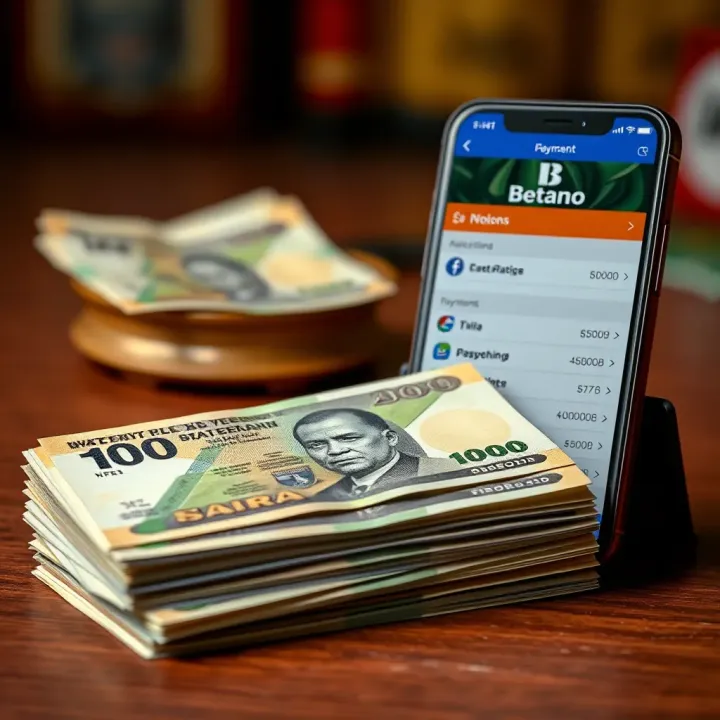 Stack of Nigerian Naira notes beside a mobile phone showing payment options for sports betting