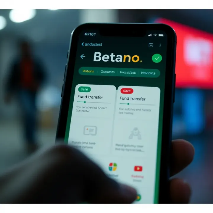 Mobile screen demonstrating fund transfer options and navigation within Betano app for Nigerian users