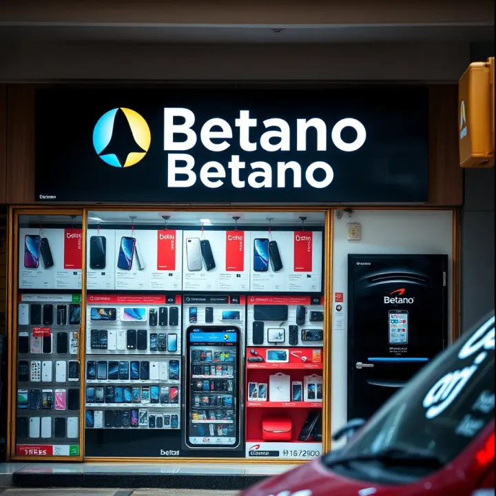 Betano Mobile Shop Showcase in Nigeria Exterior view of Betano Mobile Shop showcasing mobile devices and accessories on display