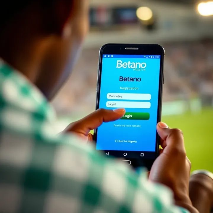 User interacting with Betano Nigeria app showing registration and login screen