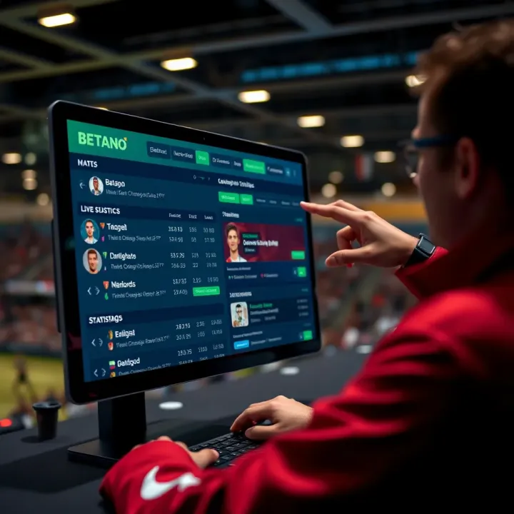 User navigating the Betano platform interface showing betting options and live match statistics