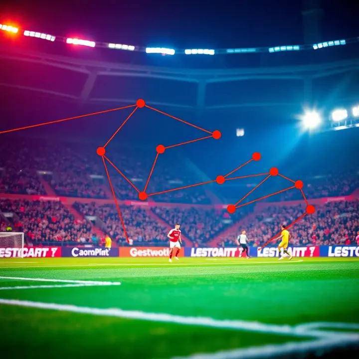 Football pitch with tactical formations and player movements highlighted in vibrant colors