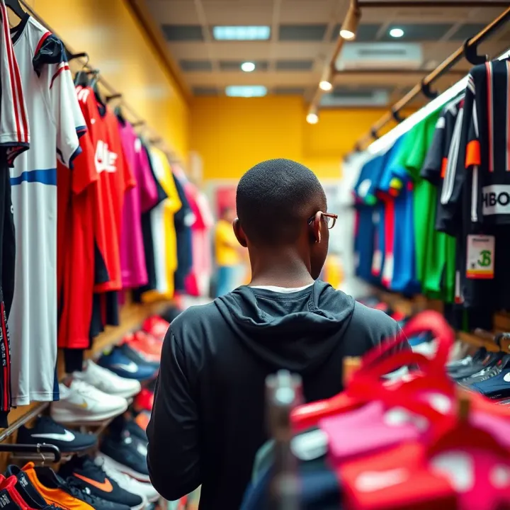 Customer browsing sports merchandise aisle with vibrant sportswear and accessories
