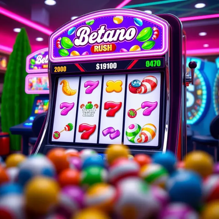 Colorful digital slot machine with candy and sweets theme representing Betano Sugar Rush game features