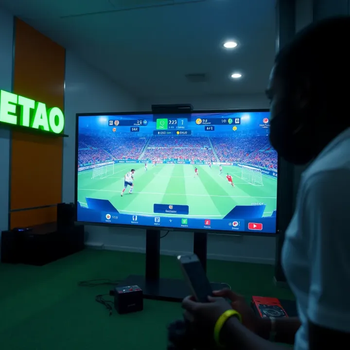 Virtual football match simulation on digital screen with realistic gameplay graphics