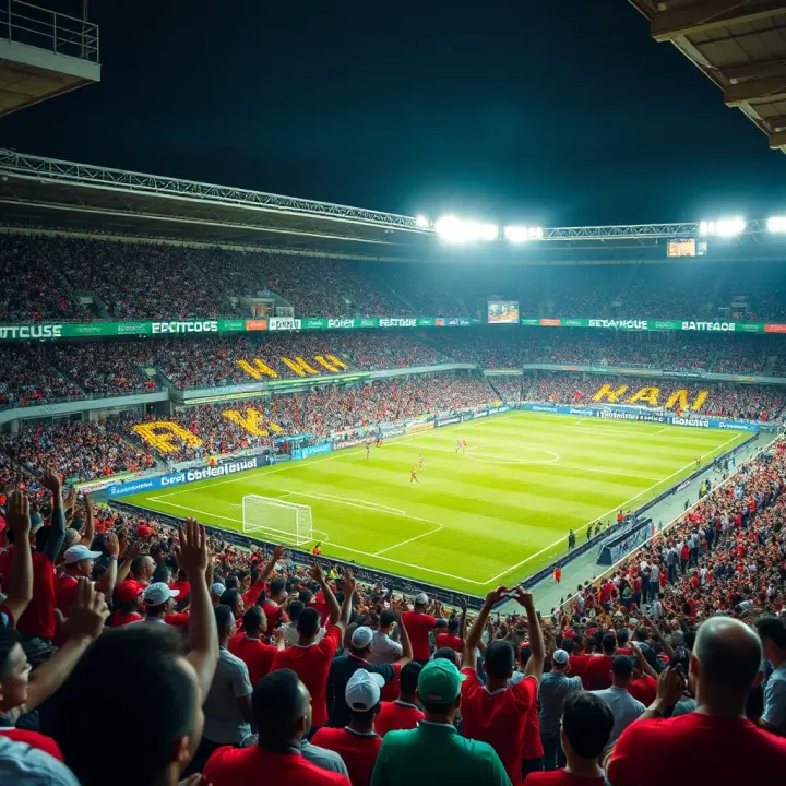 Football stadium filled with cheering fans during World Cup qualifier match