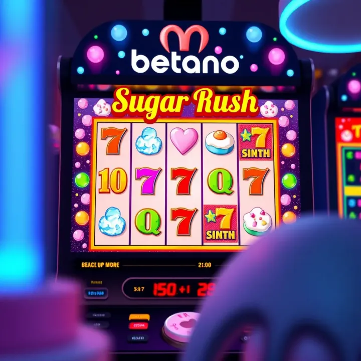 Colorful slot machine screen displaying sugar-themed symbols and rewards on Betano platform