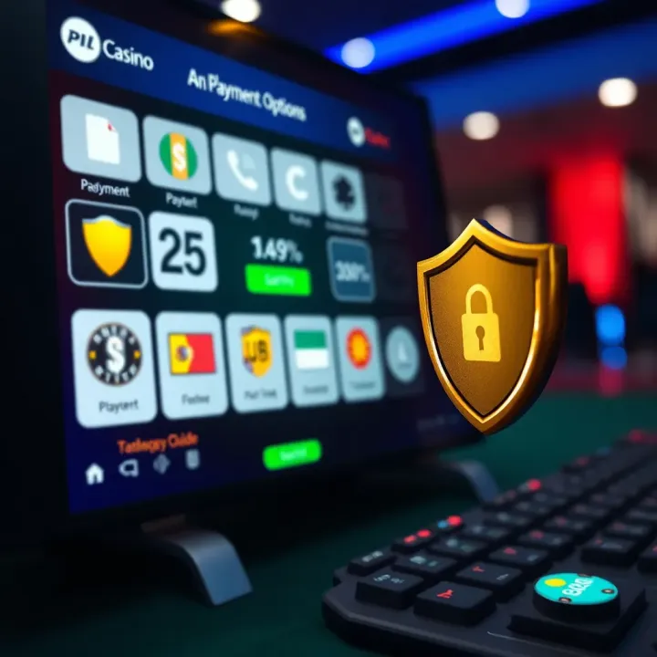 Secure online casino transaction interface with payment options icons and a shield symbol representing safety