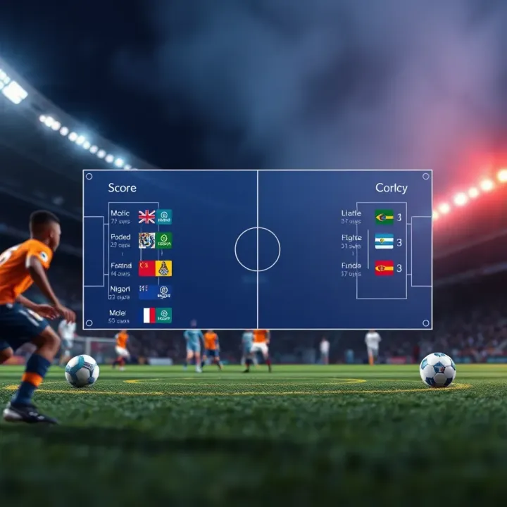 Football pitch with tactical formations and score predictions overlay