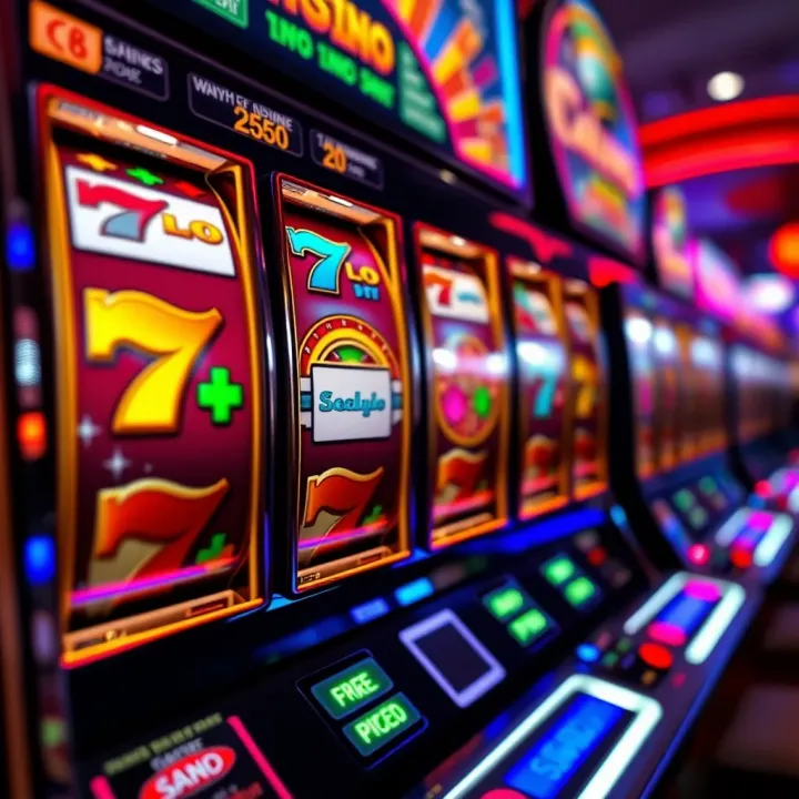 Colorful slot machine reels spinning with various symbols and a glowing jackpot light