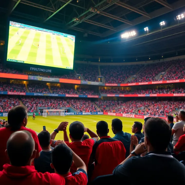 A vibrant soccer stadium with enthusiastic fans watching a live match on a large screen