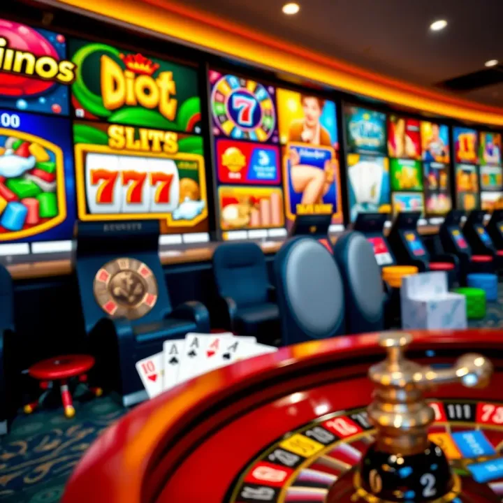 Colorful assortment of casino game icons representing slots, poker, and roulette