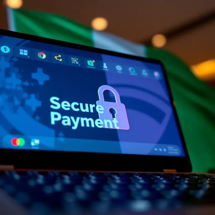 Secure online payment interface with padlock symbol and Nigerian flag in the background