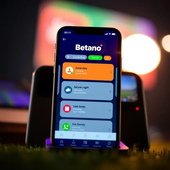 Illustration showing key features of Betano app including live betting, secure login, and user-friendly interface