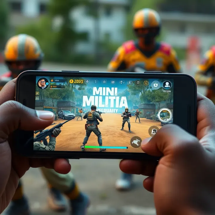 Mobile device displaying Mini Militia gameplay with vibrant graphics and multiplayer action