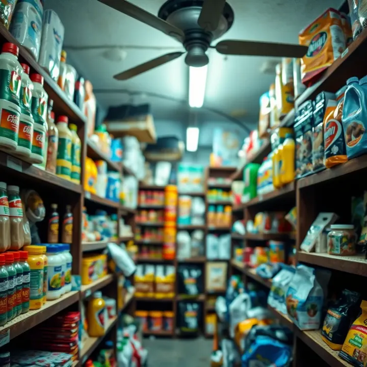 Shelves stocked with a variety of goods in Old Shop Betano showing informal retail environment