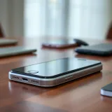 Close-up of a used mobile phone with a clear screen and functional buttons on a wooden table