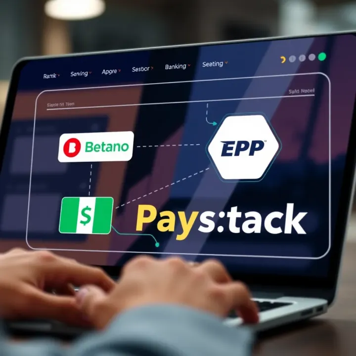 Illustration showing a digital banking transaction interface with Nigerian bank logos and Paystack logo connected