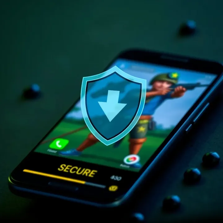 Secure download icon with shield symbol overlaying an Android smartphone