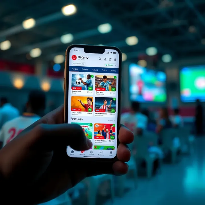 Mobile phone displaying Betano app interface with sports betting options and colorful icons