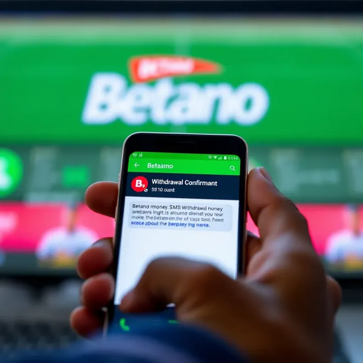 Mobile phone screen showing an SMS withdrawal confirmation message for Betano account
